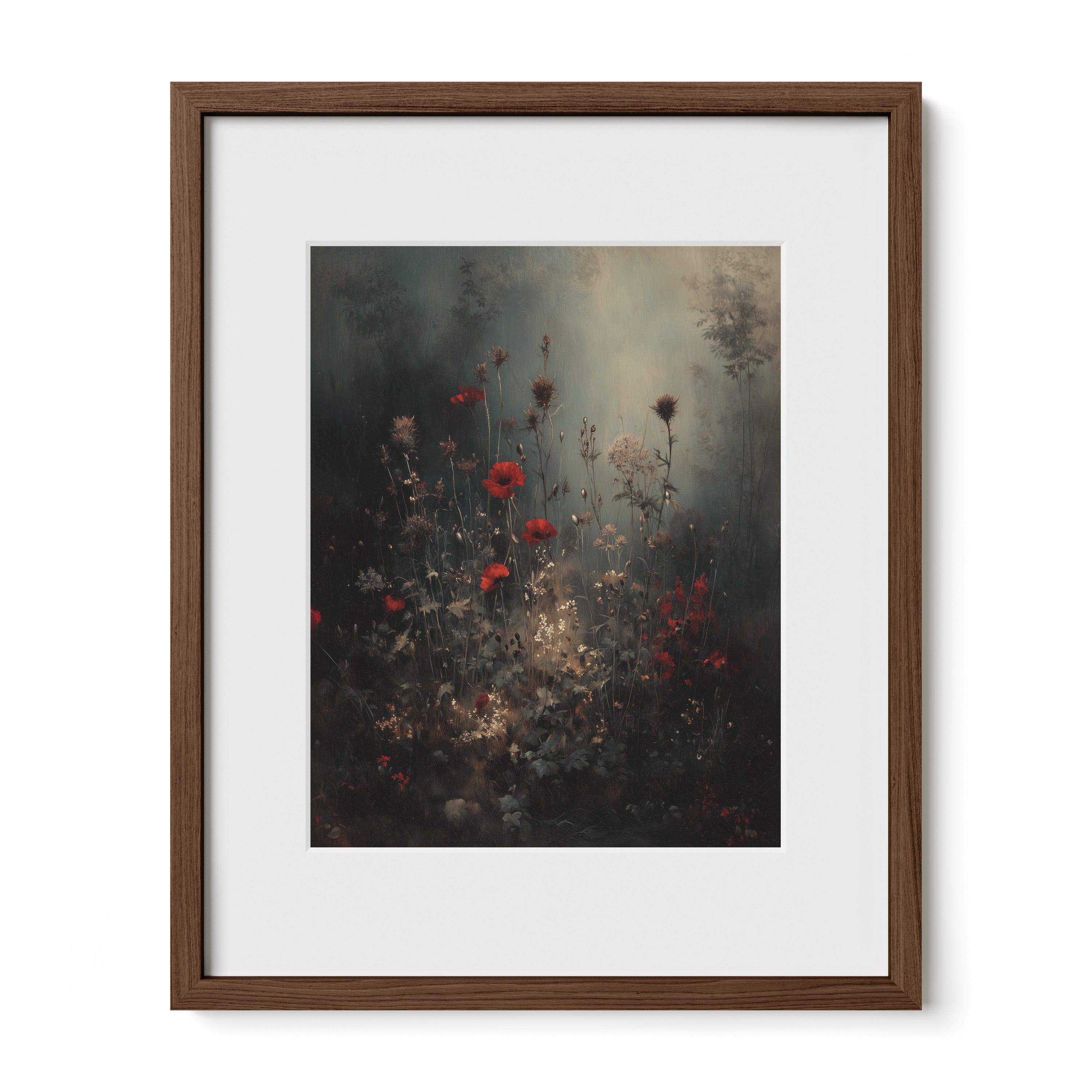 walnut framed misty floral wall art print with mat