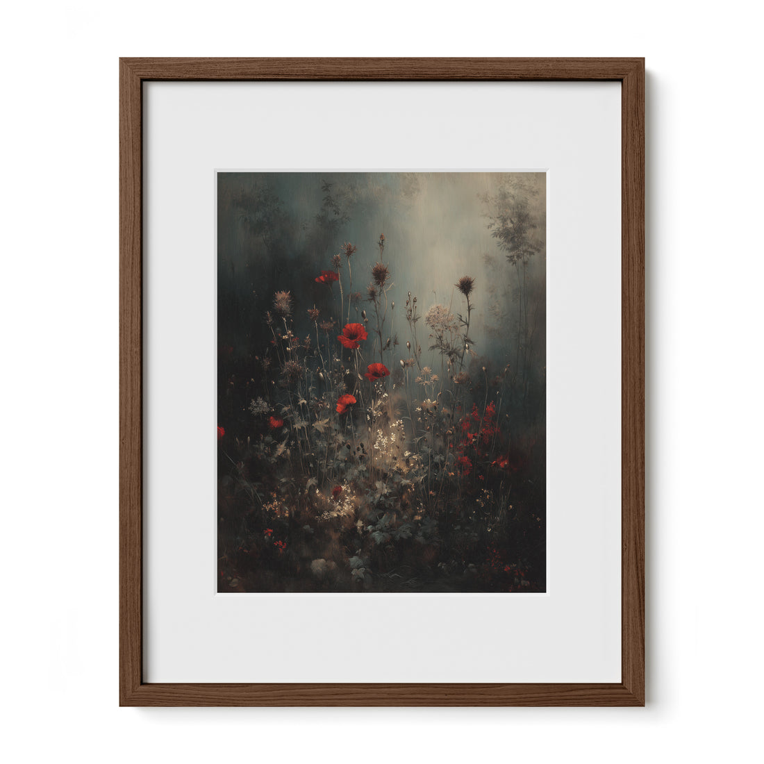 walnut framed misty floral wall art print with mat