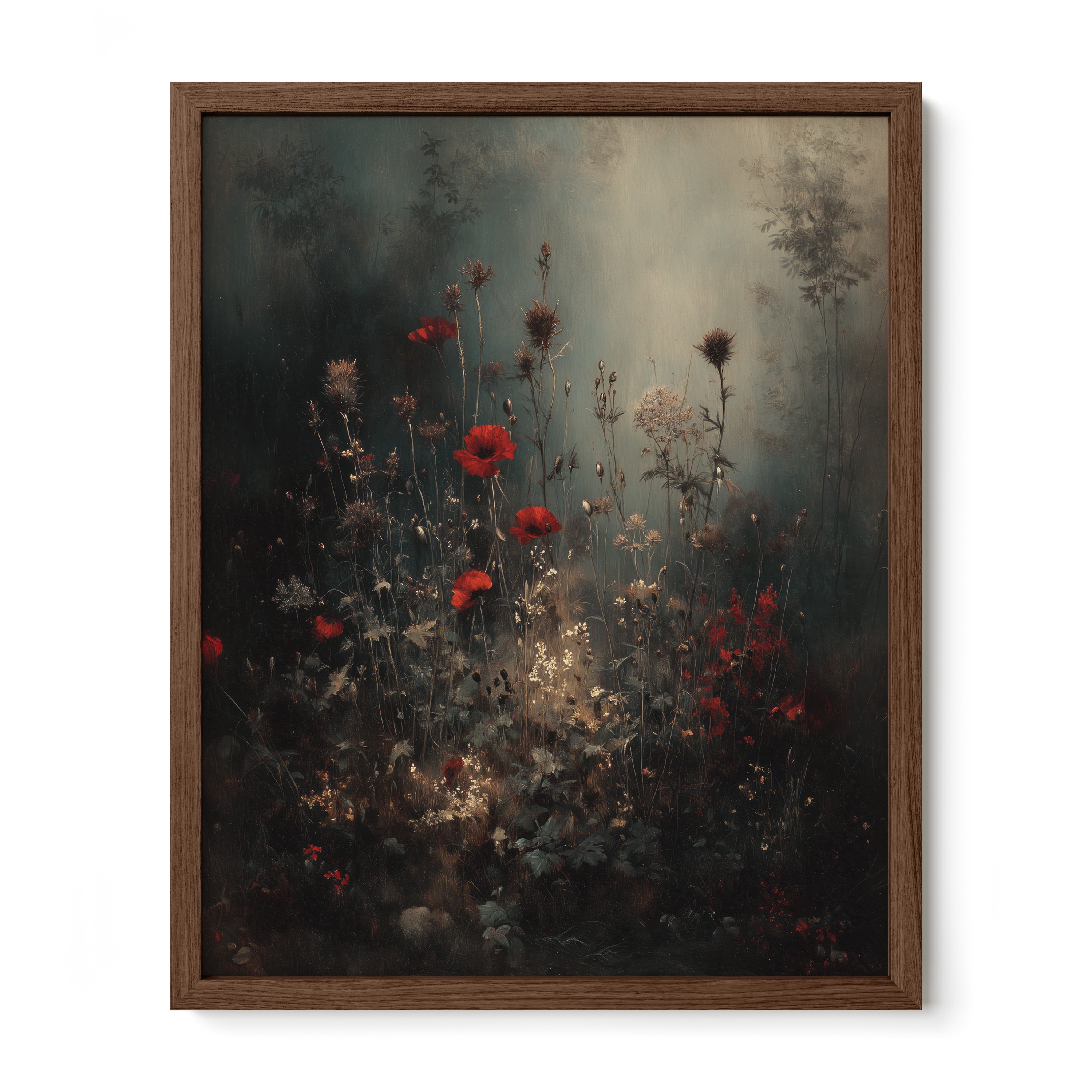walnut framed moody botanical wall art print