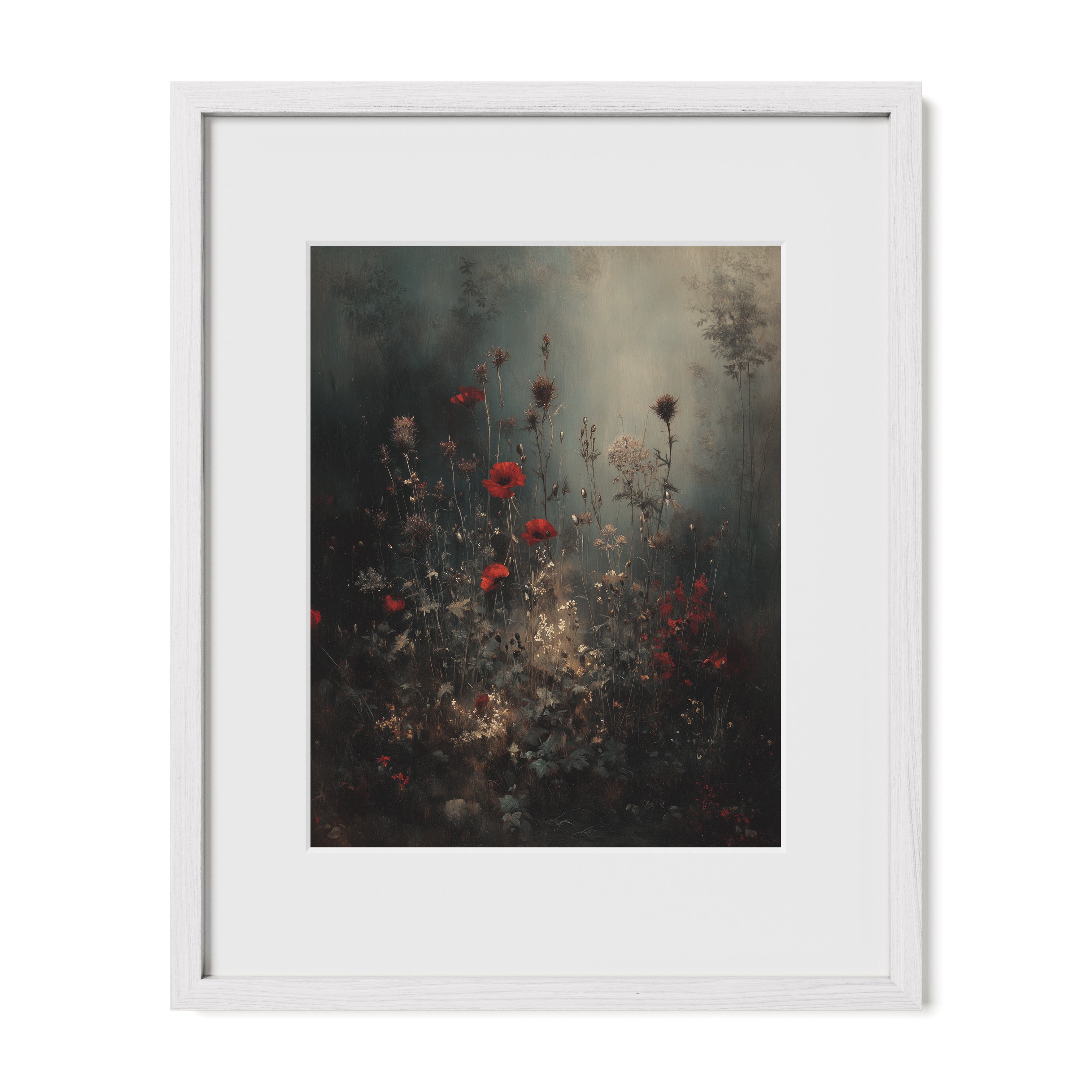 white framed floral landscape wall art print with mat