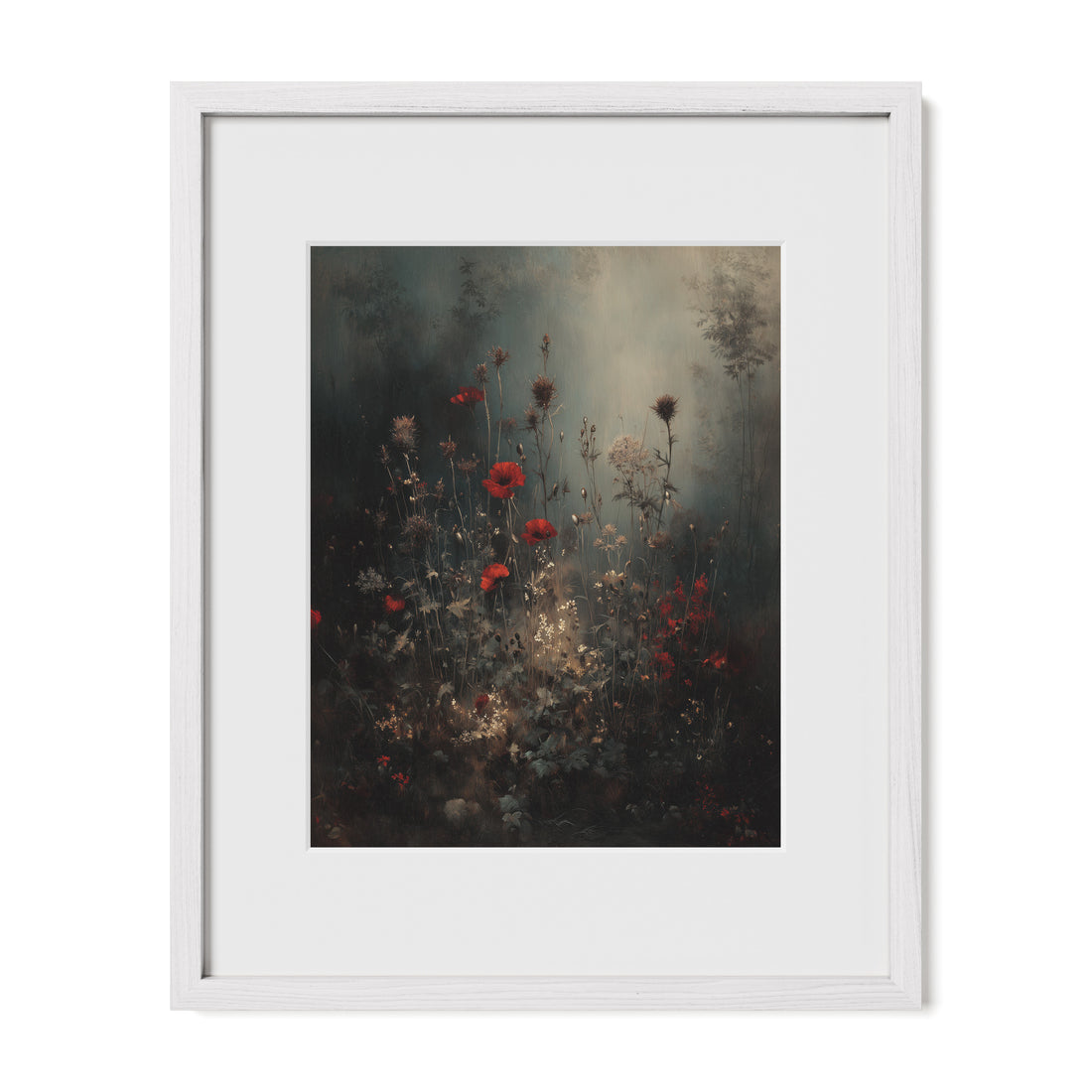 white framed floral landscape wall art print with mat