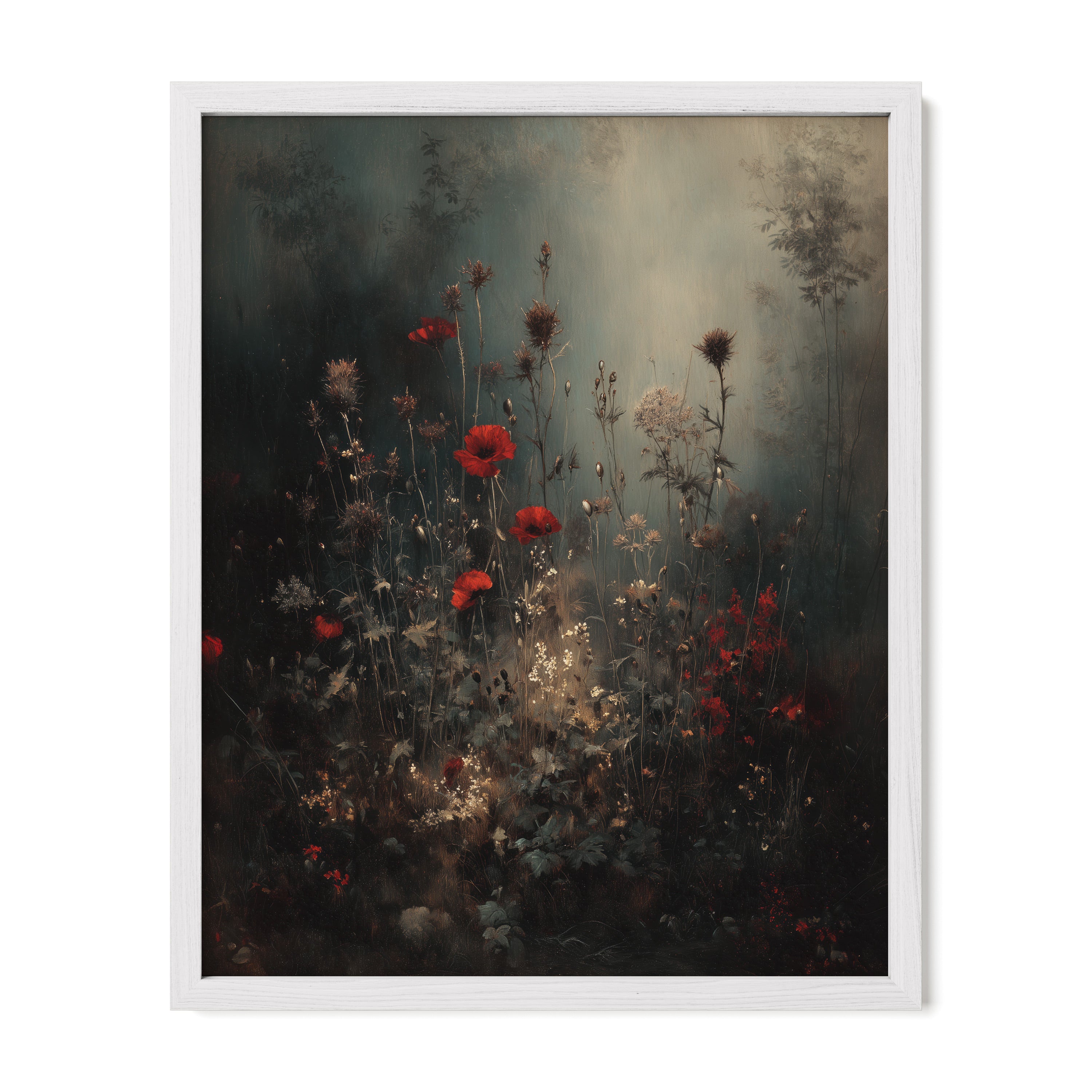 white framed botanical meadow wall art print