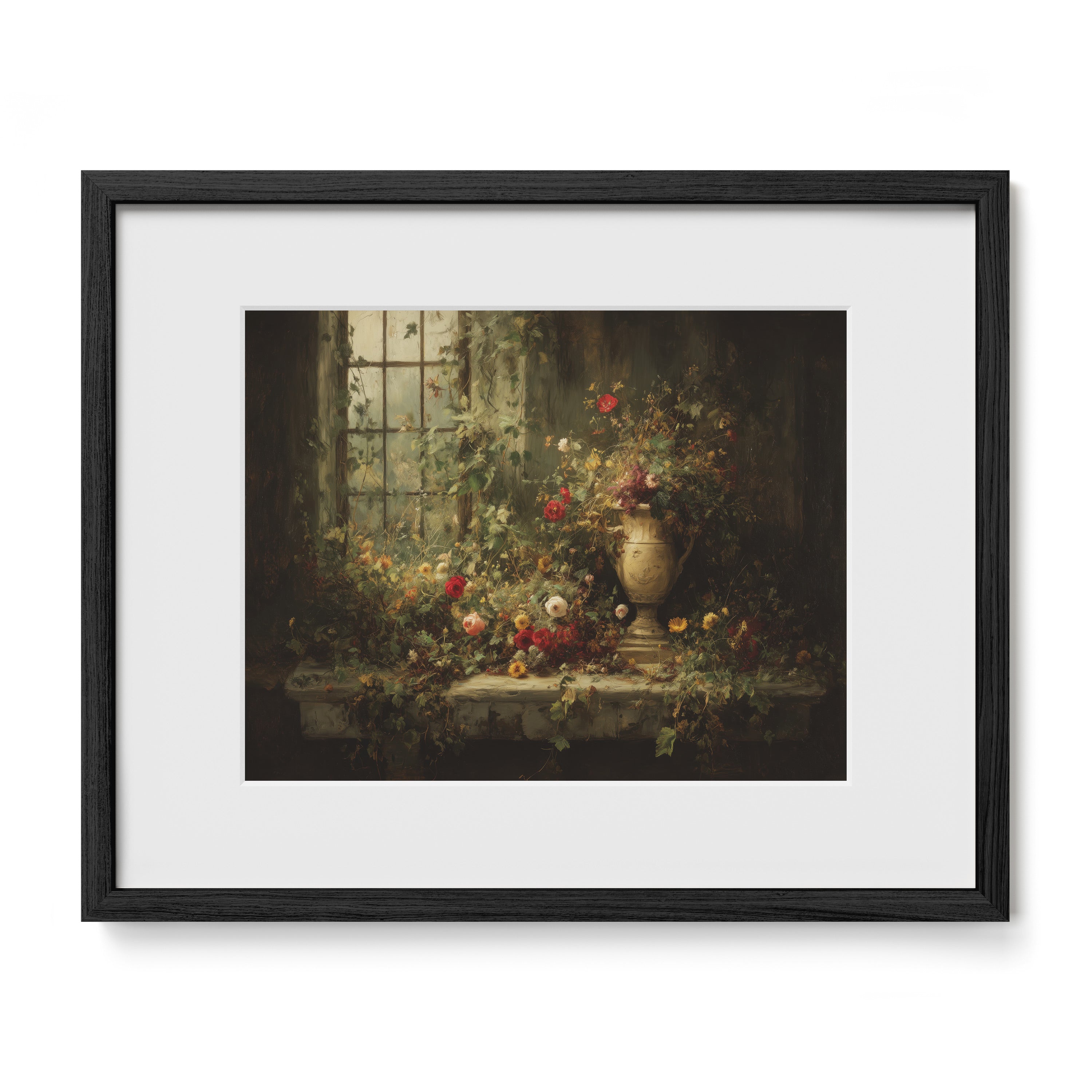 black framed botanical window wall art print with mat