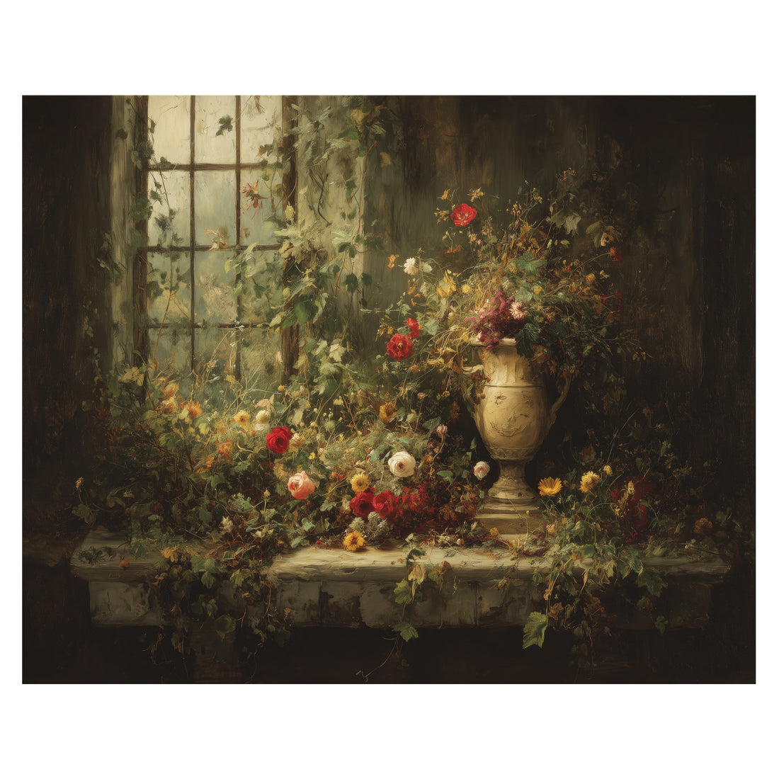 cottagecore botanical wall art print with flowers beside softly lit vintage window