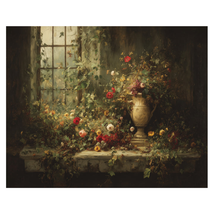 cottagecore botanical wall art print with flowers beside softly lit vintage window