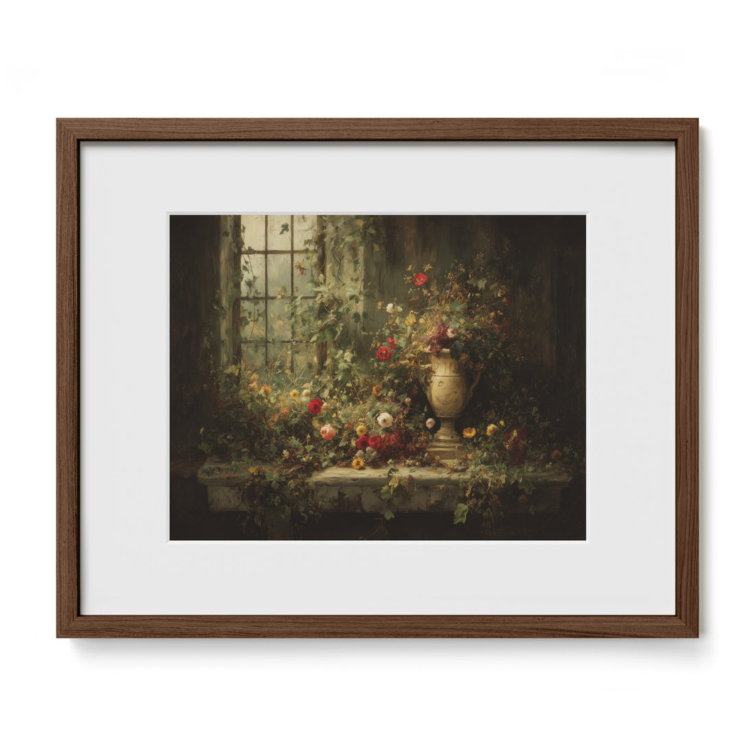 walnut framed floral still life wall art print with mat