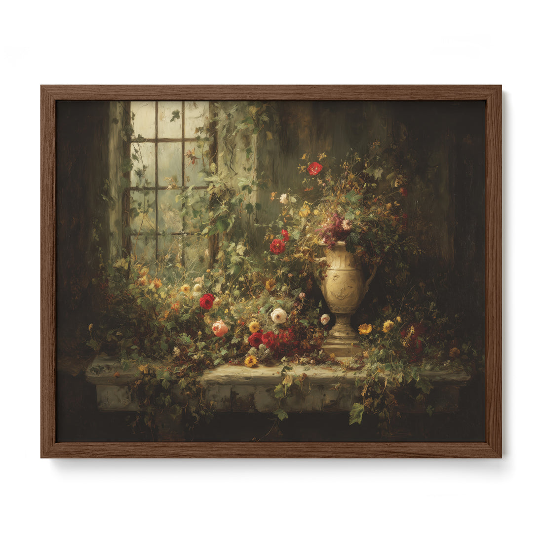 walnut framed cottagecore floral wall art print