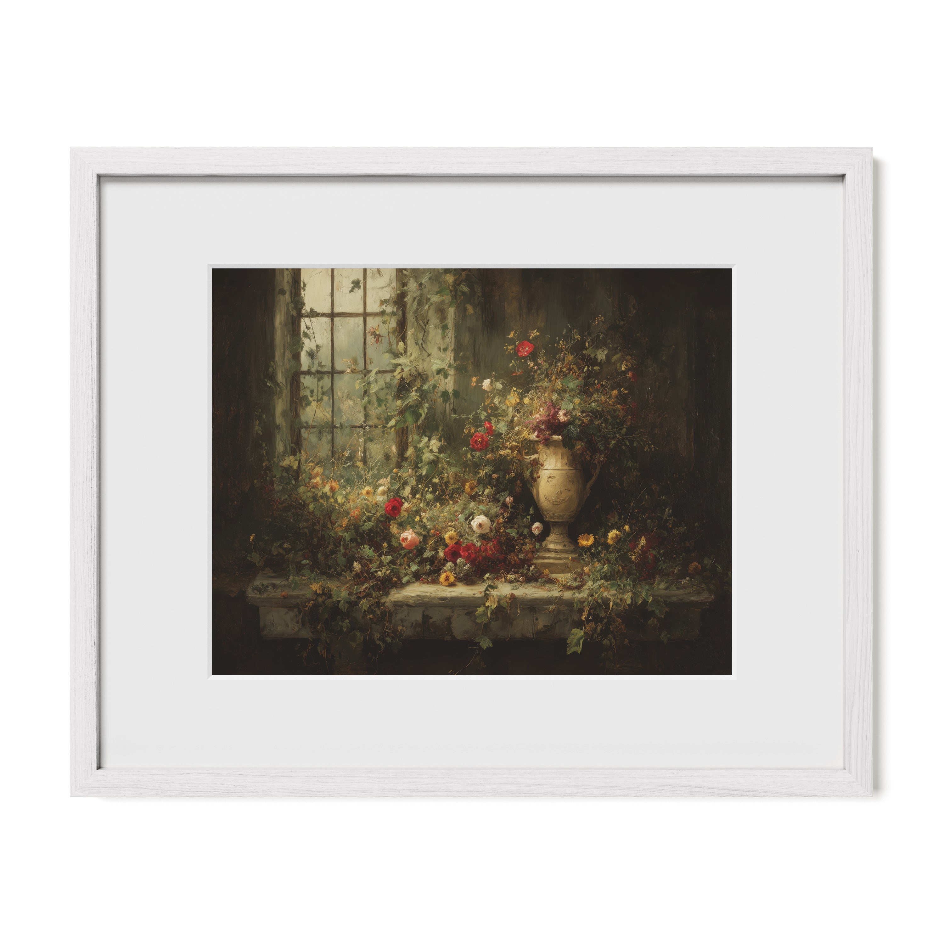 white framed floral window wall art print with mat
