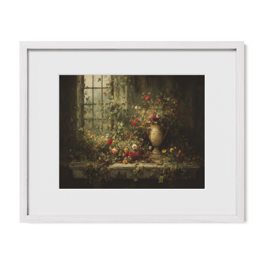 white framed floral window wall art print with mat