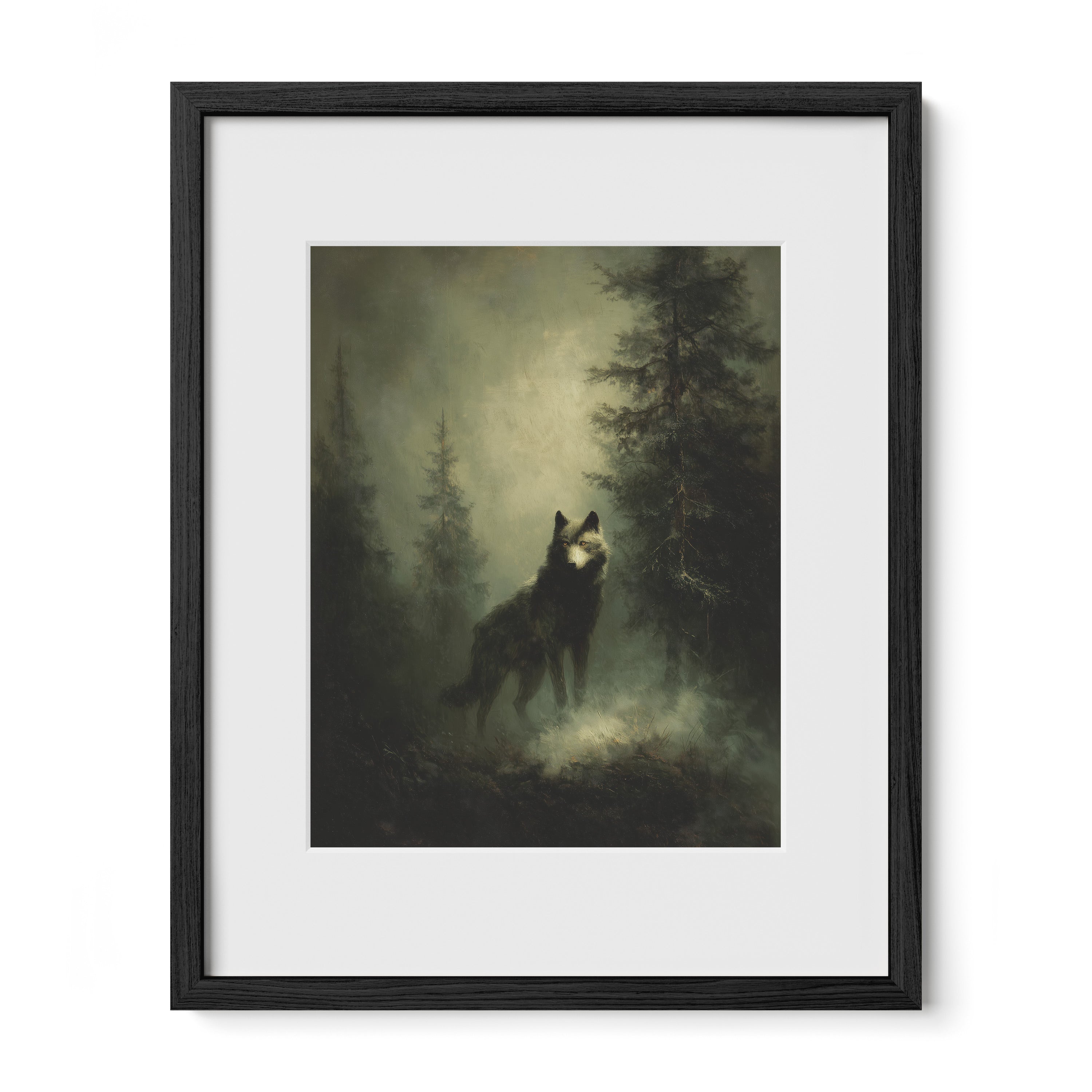 black framed forest wildlife wall art print with mat