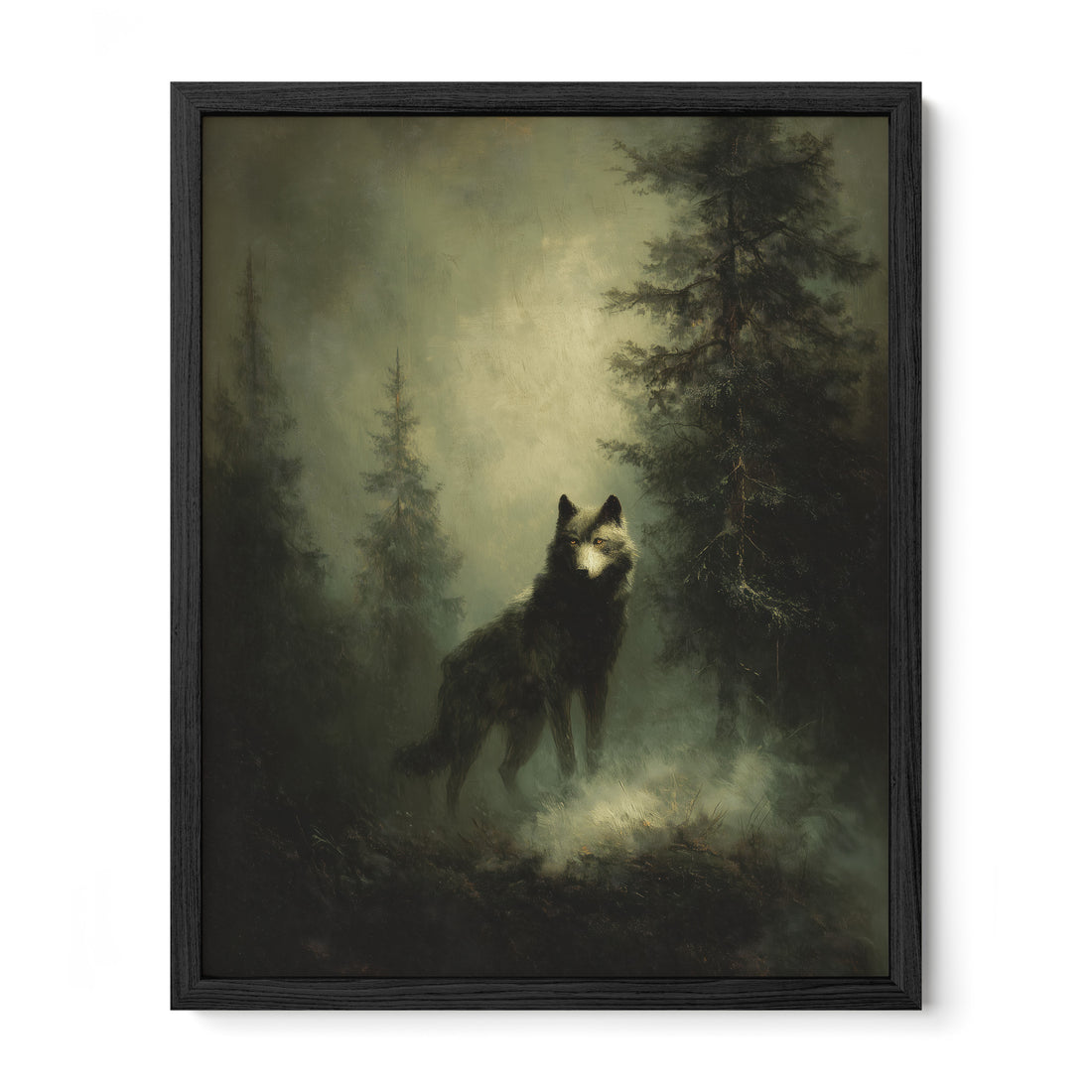 black framed moody forest wildlife wall art print