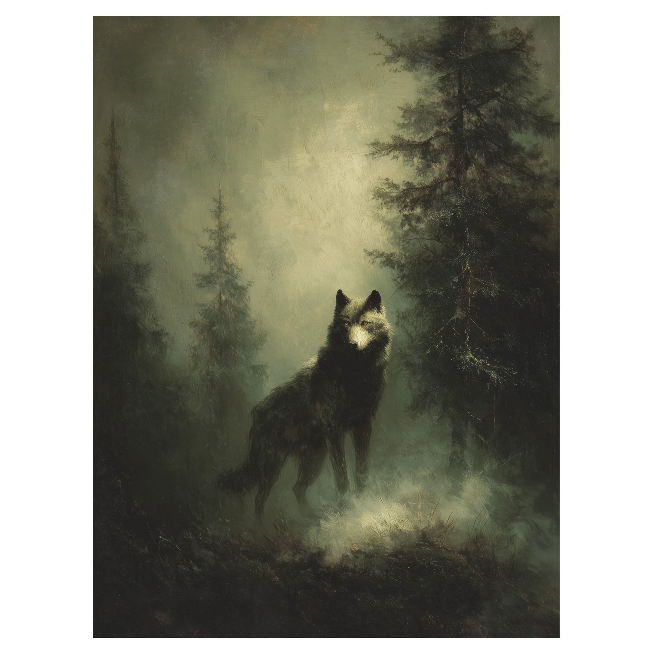 moody forest wildlife wall art print with lone wolf howling in misty pine woods