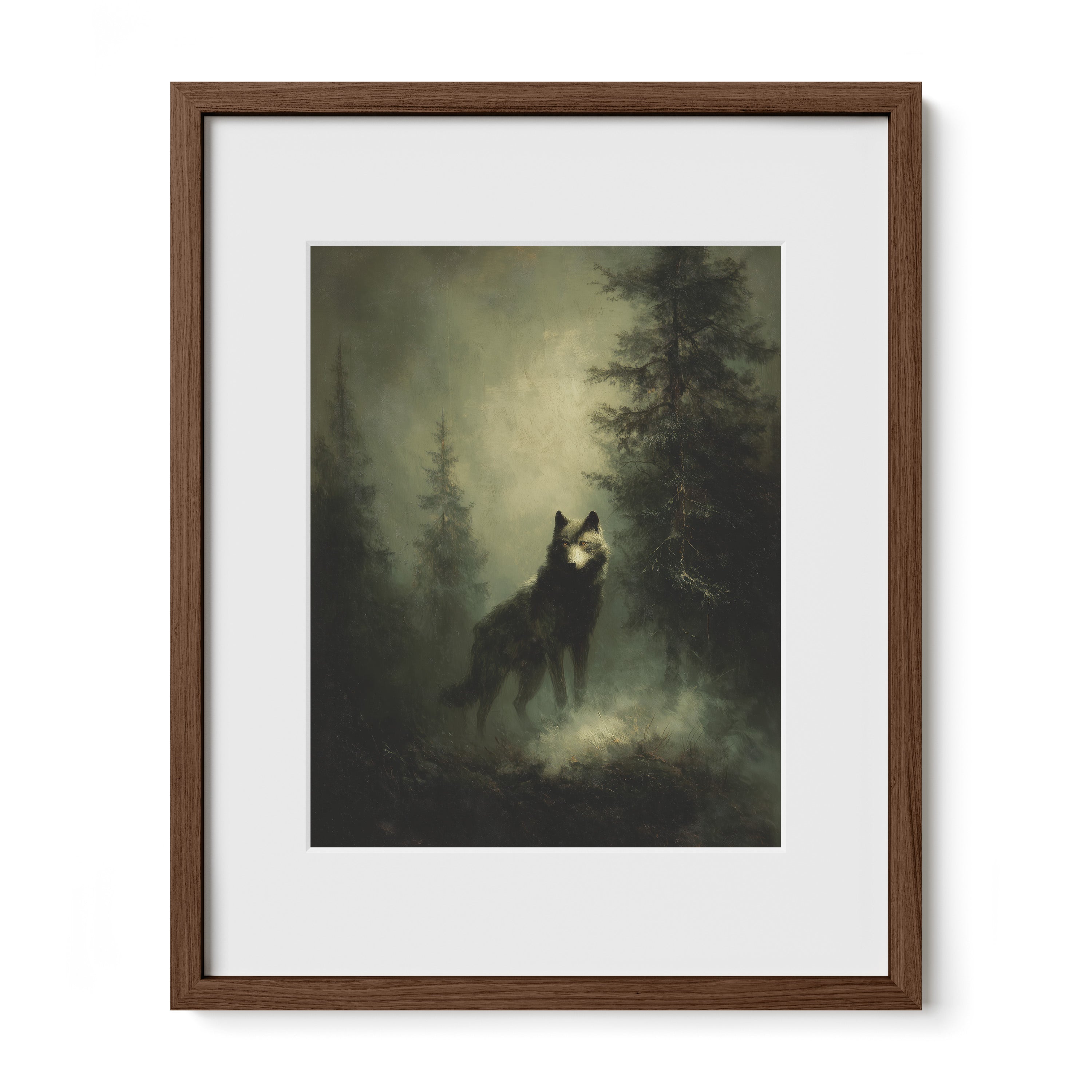 walnut framed misty wildlife wall art print with mat