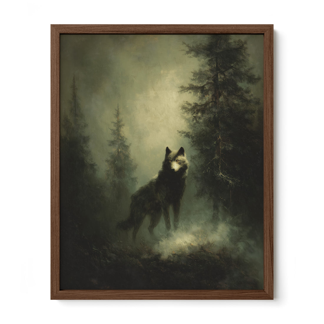 walnut framed moody forest wildlife wall art print