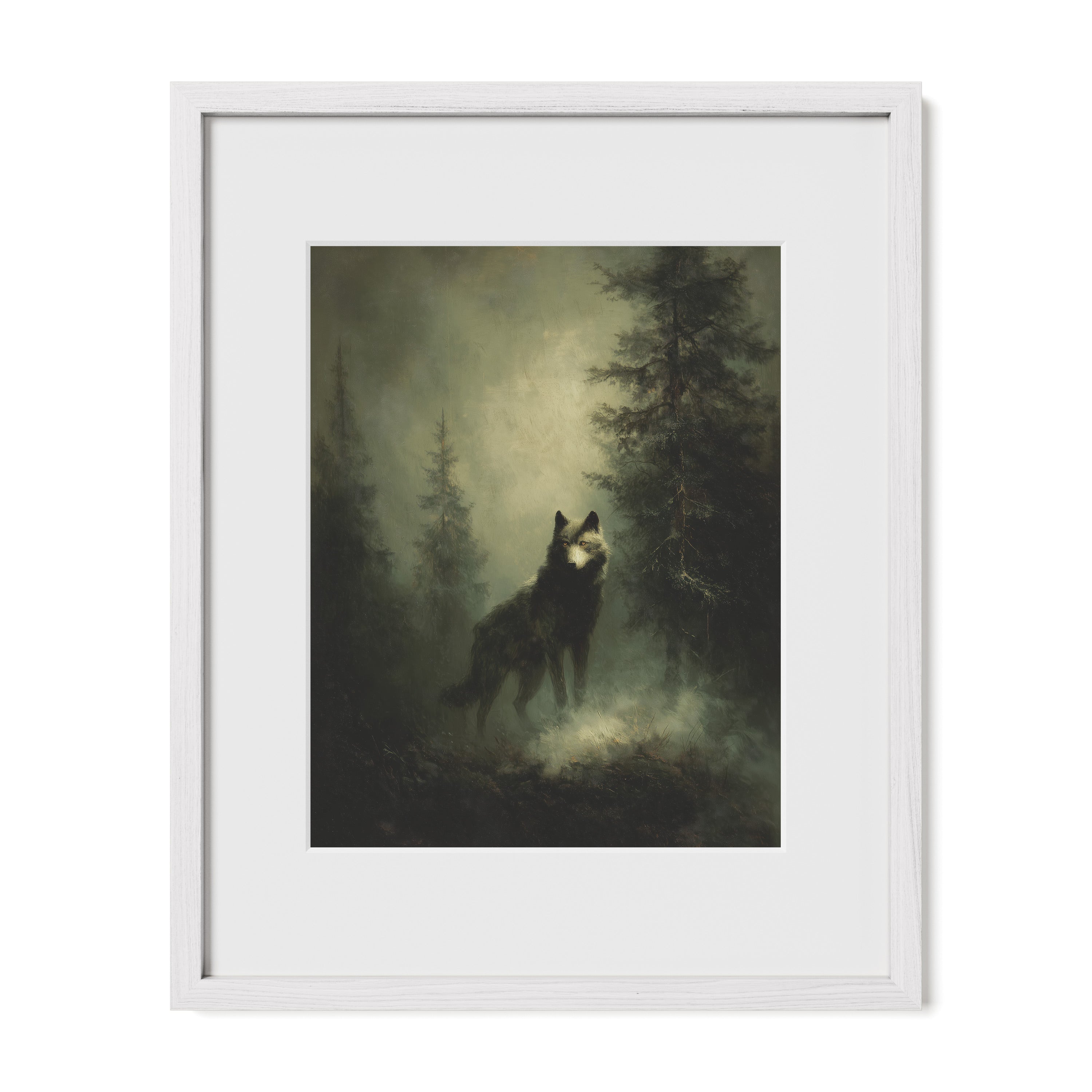 white framed woodland wildlife wall art print with mat