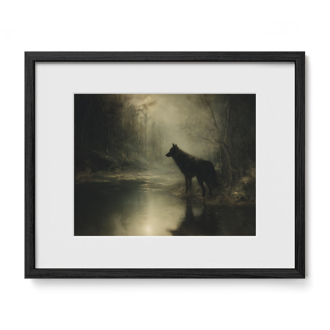 black framed woodland wildlife wall art print with mat