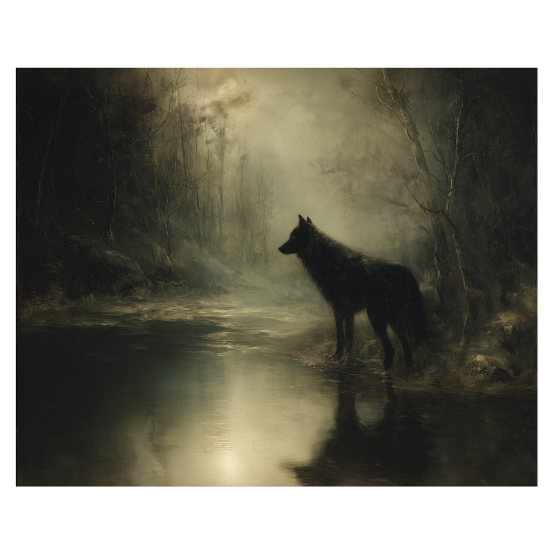 moody woodland wildlife wall art print with lone wolf beside reflective forest water