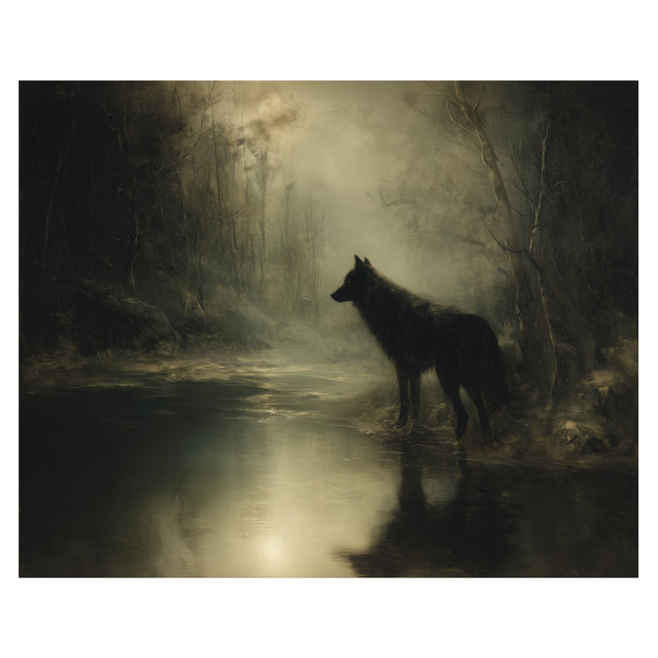 moody woodland wildlife wall art print with lone wolf beside reflective forest water