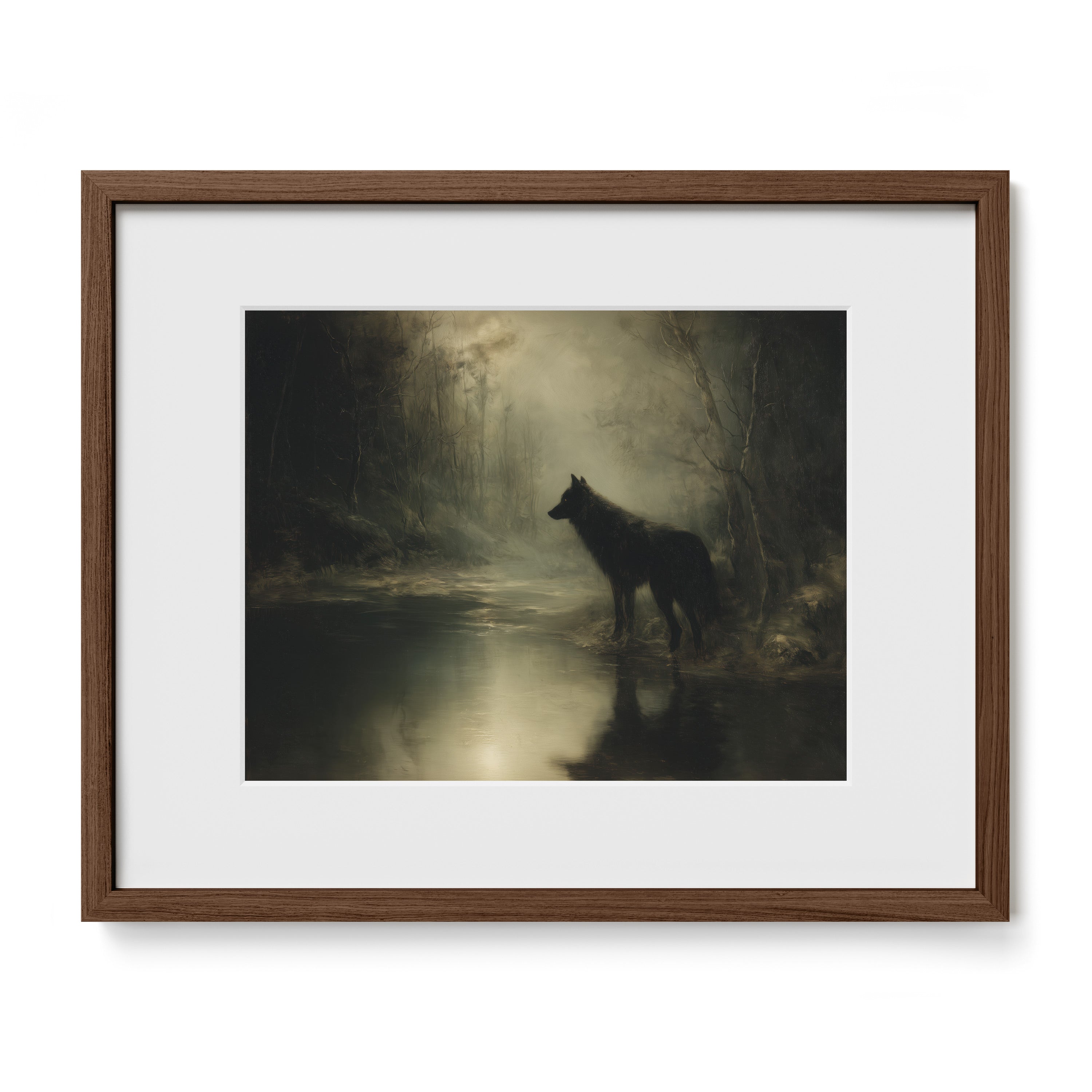 walnut framed misty woodland wildlife wall art print with mat