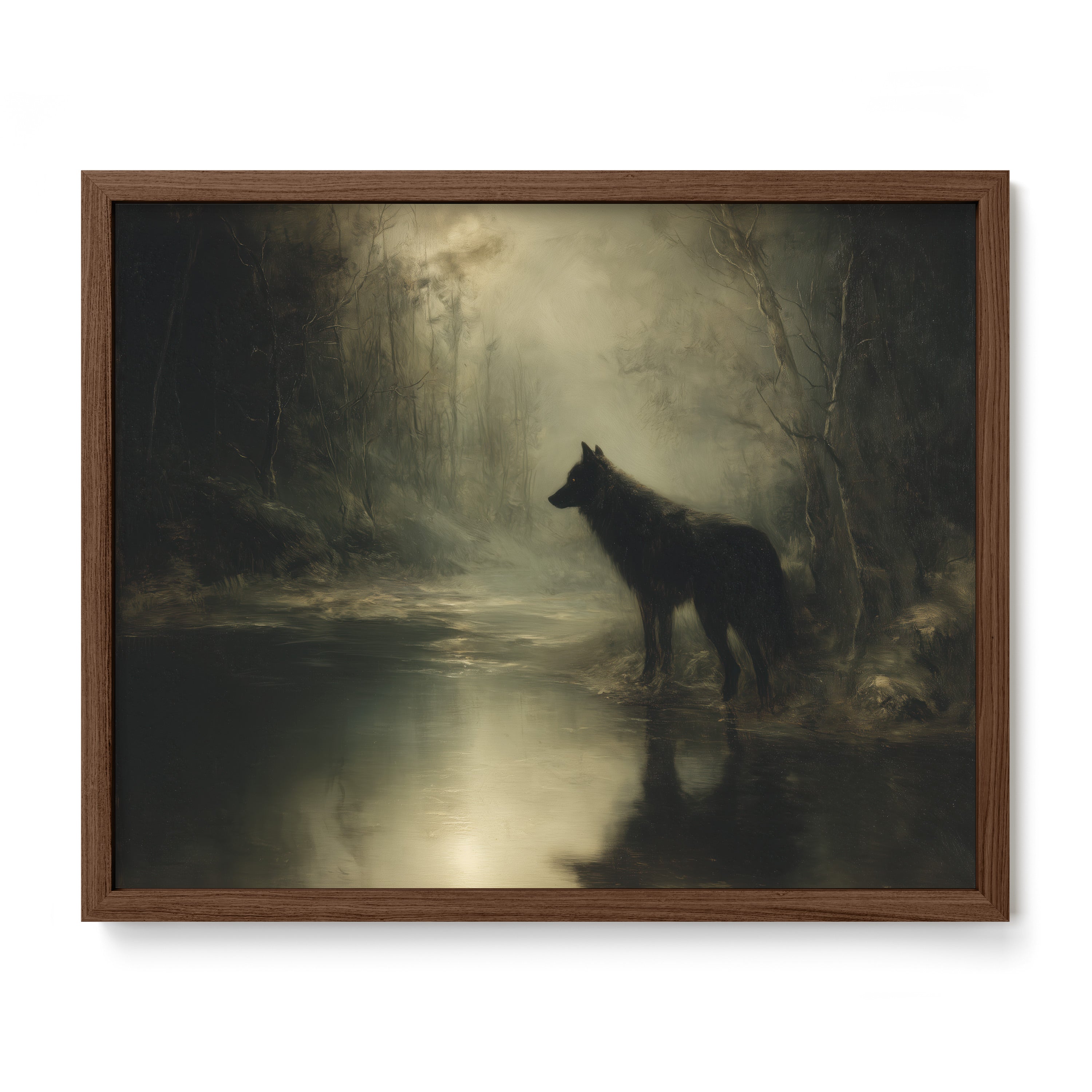 walnut framed moody forest wildlife wall art print