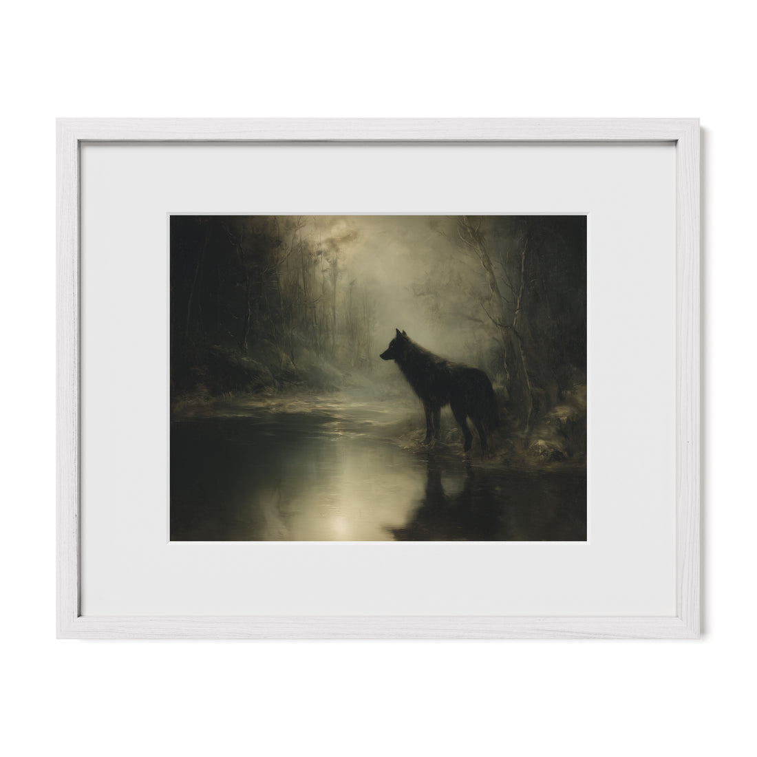 white framed forest wildlife wall art print with mat